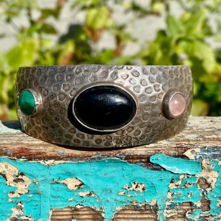 Hammered Mexican Sterling Silver Gemstone Cuff Bracelet Yourgreatfinds