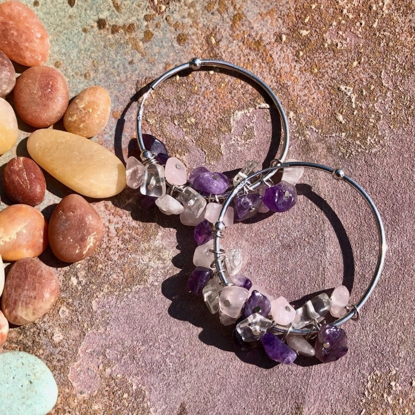 Hoop Pierced Earrings with Quartz and Amethyst Drops. Sterling Silver Yourgreatfinds