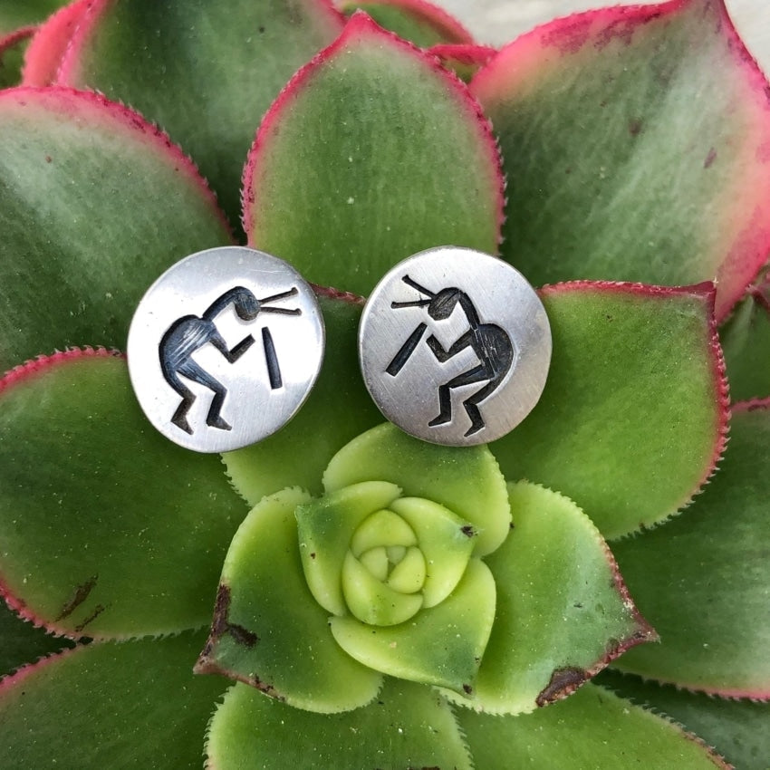 Hopi Silver Stud Earrings with Kokopelli in Overlay Sterling Pierced Yourgreatfinds