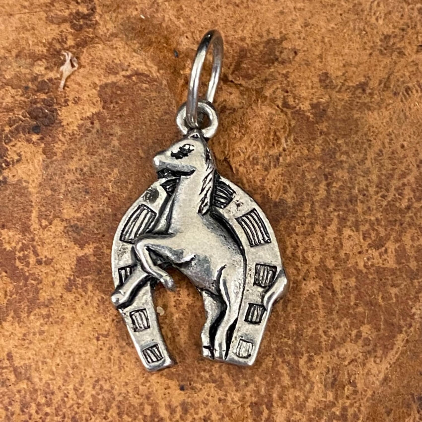 Horse And Horseshoe Pendant Charm In Sterling Silver Vintage