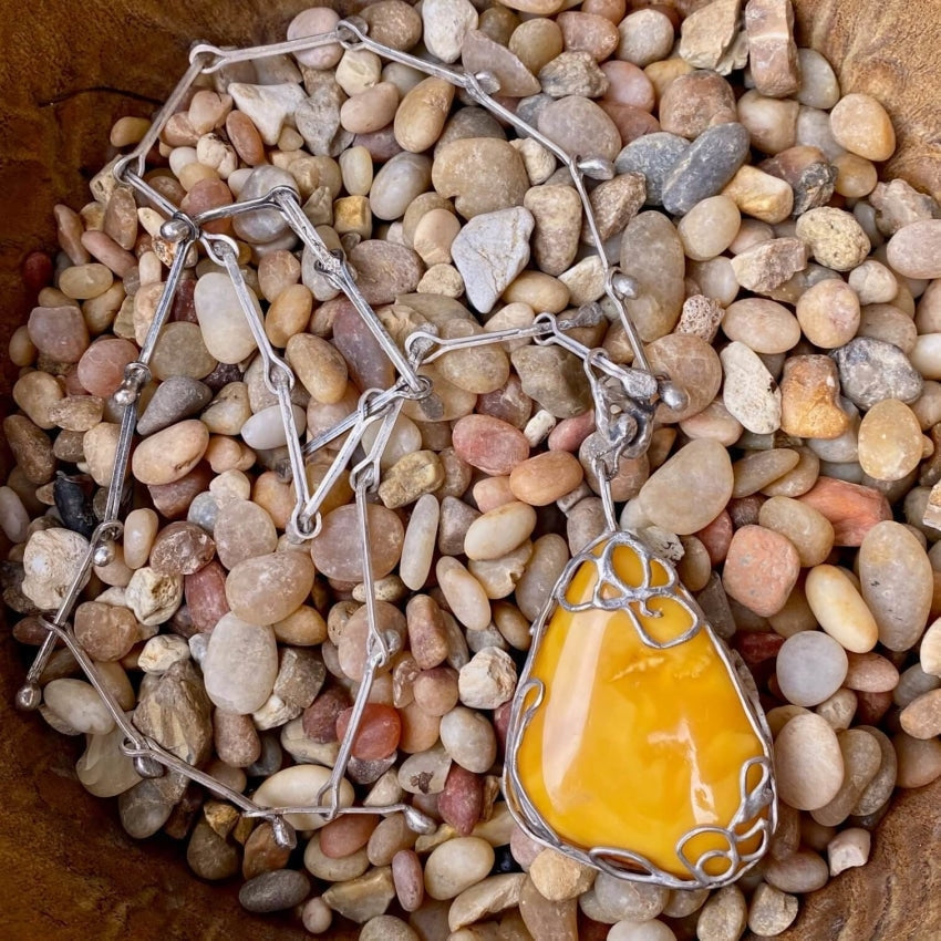 Huge Vintage Brutalist Egg Yolk Amber Necklace Sterling Silver Yourgreatfinds