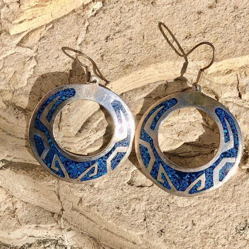 Large Mexican Hoop Earrings with Azurite Mosaic in Sterling Silver Yourgreatfinds