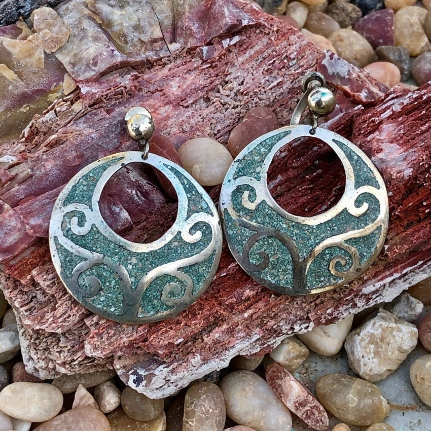 Large Mexican Hoop Earrings with Turquoise Mosaic in Sterling Silver Yourgreatfinds