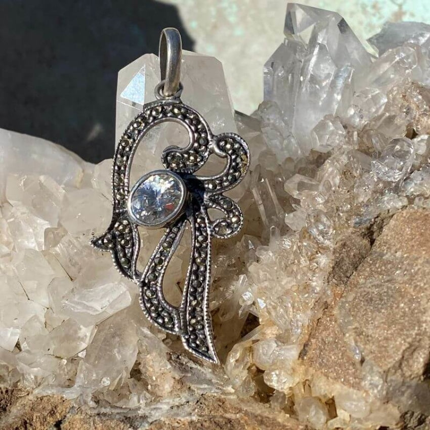 Large Sterling Silver Pendant set with Marcasite and White Cubic Zirconia Yourgreatfinds