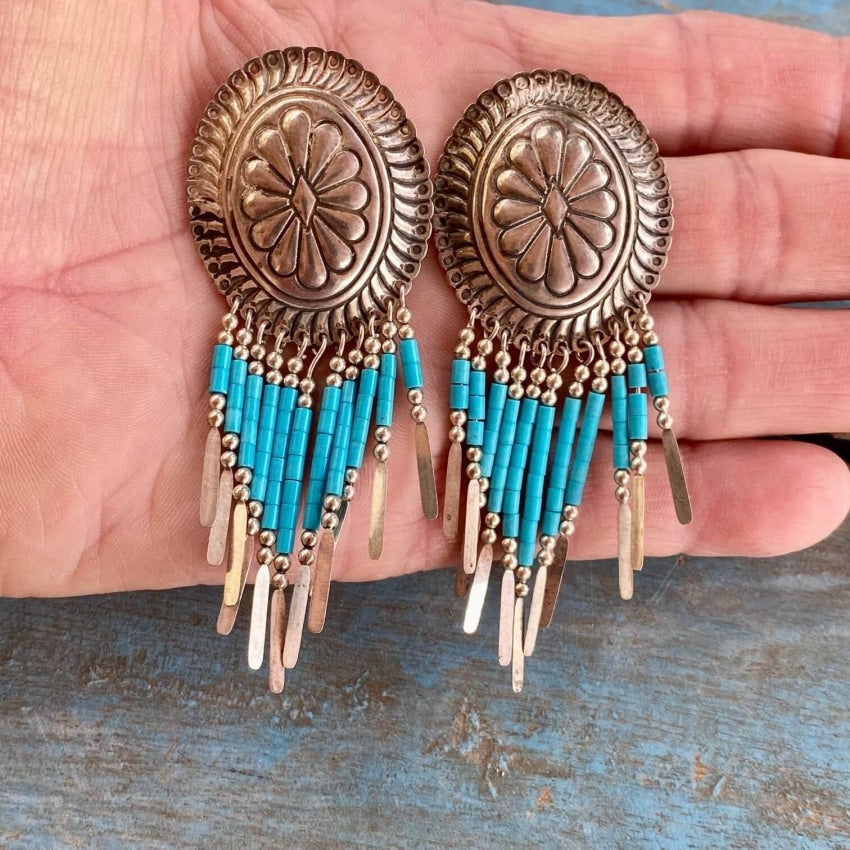 Large Sterling Silver Turquoise Heishi Concho Earrings Yourgreatfinds