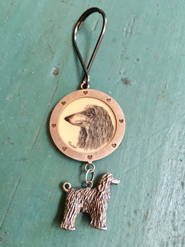 Linda Layden Scrimshaw Afghan Hound Dog Keychain with Sterling Silver Charm Yourgreatfinds