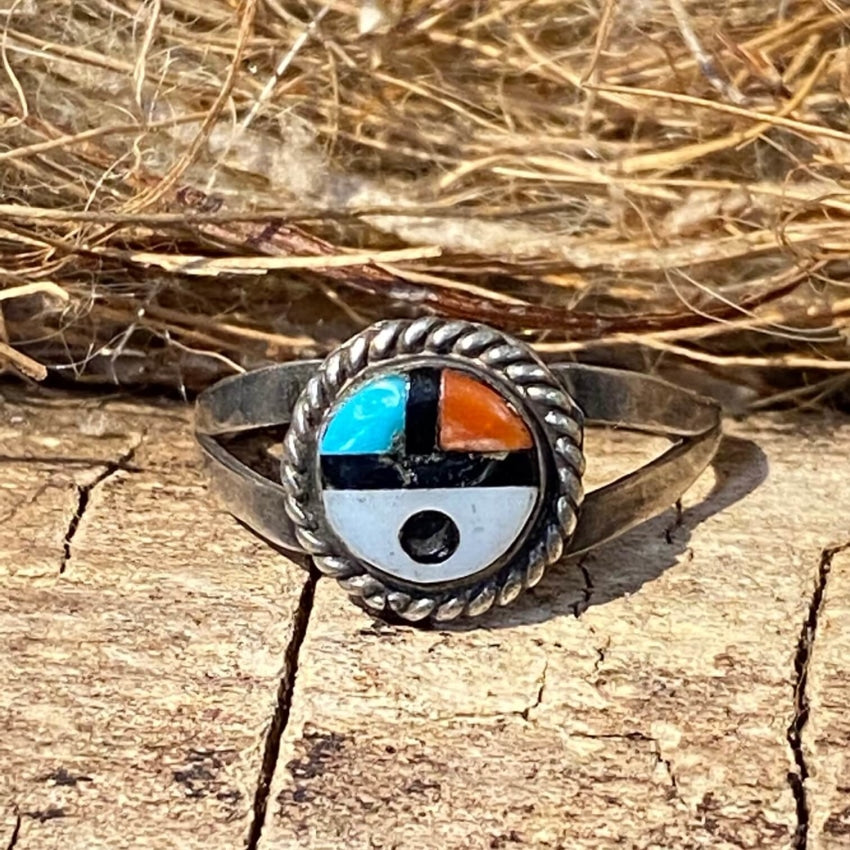 Little Zuni Sun God Ring Sterling Silver Turquoise Sz 5.5