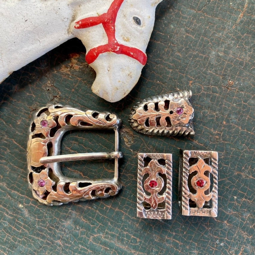 Mid-Century Sterling Silver Ruby Ranger Buckle Set Mexico Yourgreatfinds