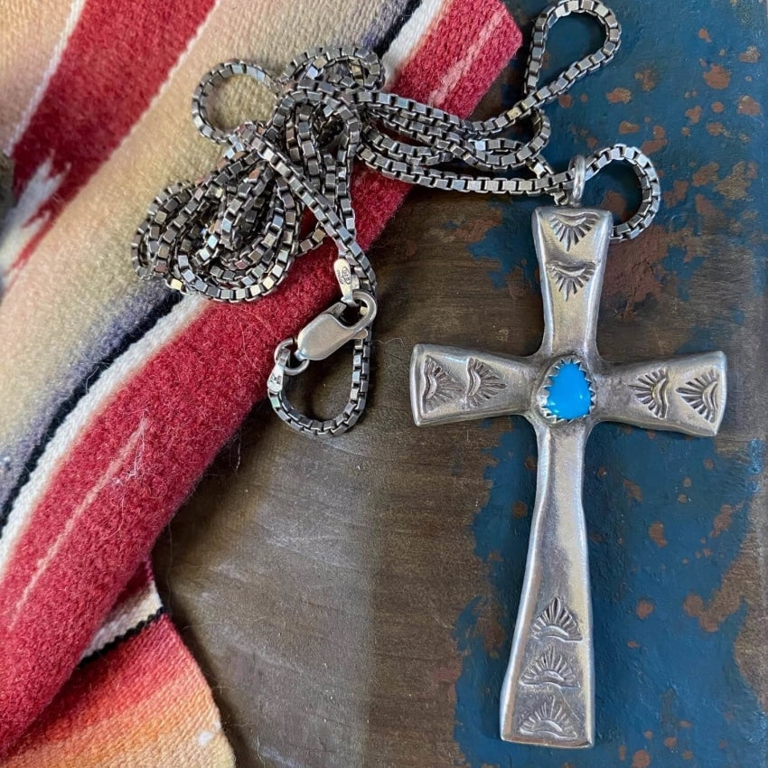 Navajo Sand Sterling Silver Cast Holy Cross with Turquoise Pendant and Chain Necklace Yourgreatfinds