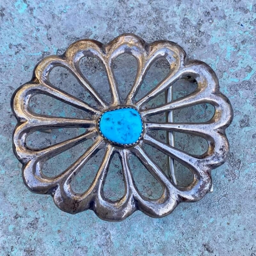 Navajo Sandcast Concho Belt Buckle with Turquoise Yourgreatfinds