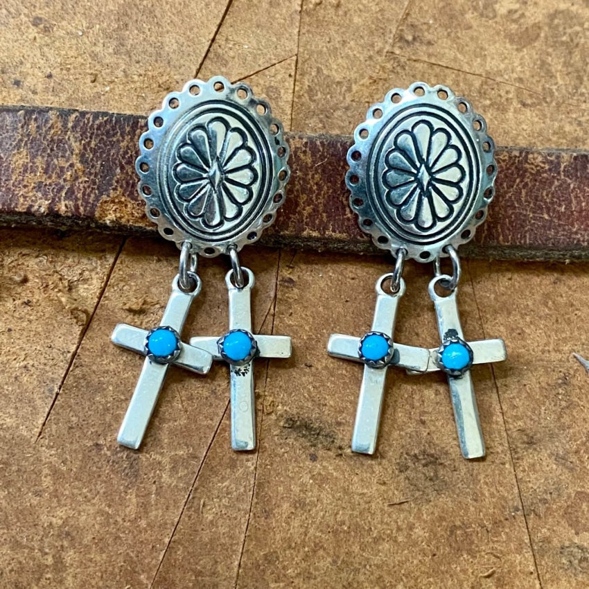 Navajo Sterling Silver Concho 2 Cross Turquoise Earrings