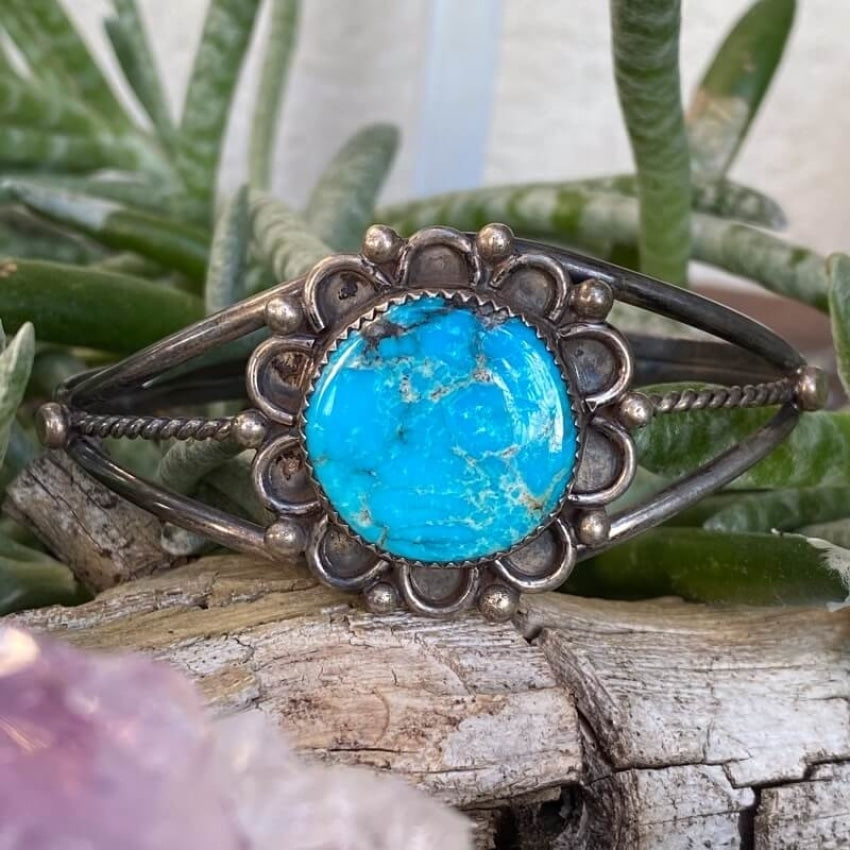 Navajo Sterling SIlver Cuff Bracelet with Large Round Turquoise Stone Yourgreatfinds