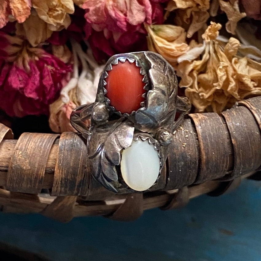 navajo sterling silver mother of pearl red coral ring 6 5 rings