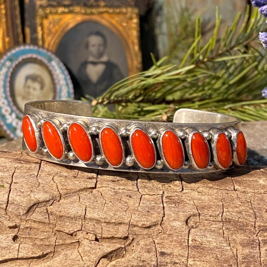 Navajo Sterling Silver Red Coral Row Bracelet Daniel Mike