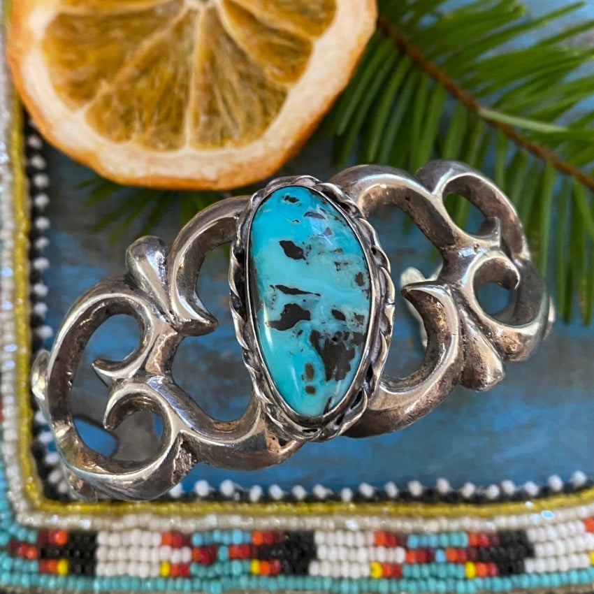 Navajo Tufa Stone Cast 925 Silver Bracelet Carlin Mine Turquoise