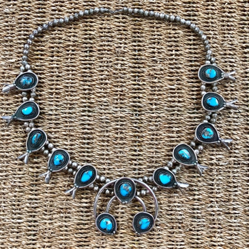 Navajo Turquoise and Sterling Silver Squash Blossom Necklace 1940s Yourgreatfinds