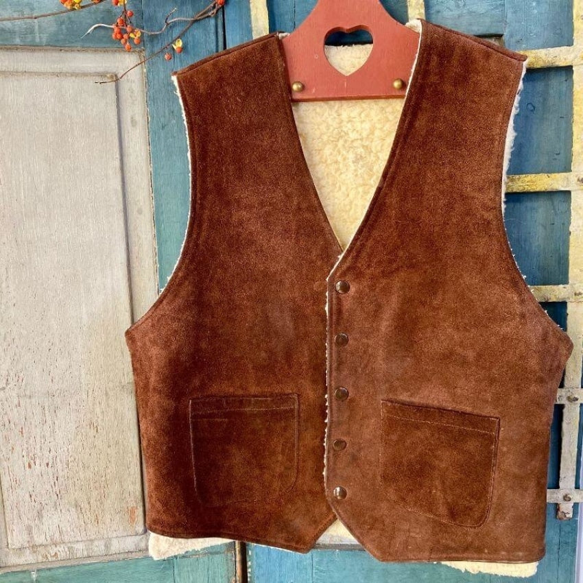 Old 1960s Brown Suede Leather Rancher's Vest with Fleece Lining Yourgreatfinds