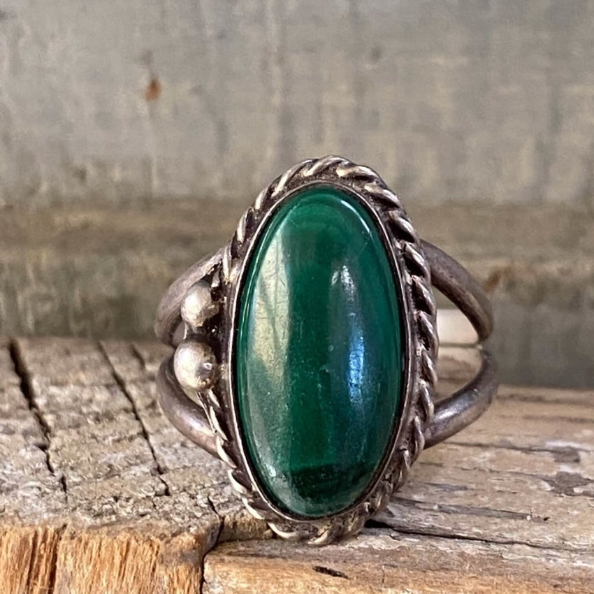 Old Navajo Dark Green Malachite Ring in Sterling Silver size 5.5 Yourgreatfinds