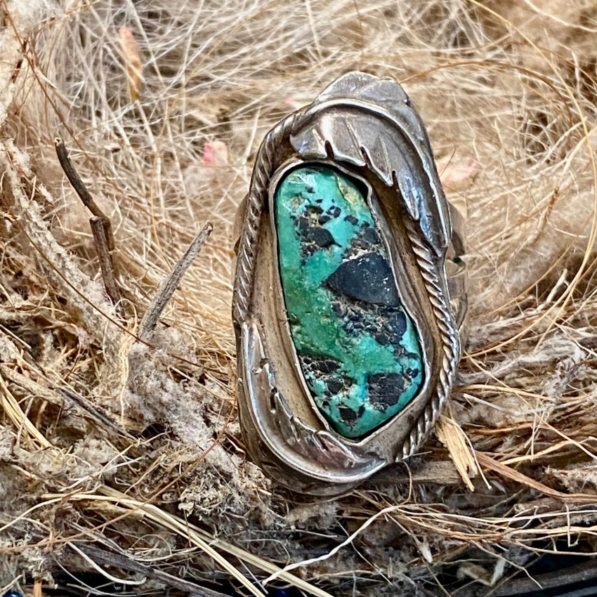 Old Navajo Natural Turquoise Ring Two Feathers Size 8 Rings