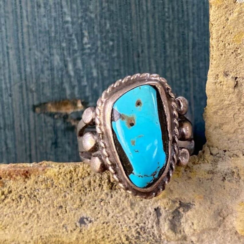 Old Navajo Raindrop Ring with Carlin Mine Turquoise in Sterling Silver Size 10 Yourgreatfinds