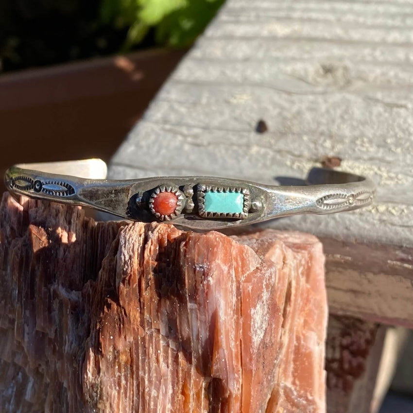 Old Navajo Sterling Silver Turquoise Coral Buckle Mexico Leather Belt