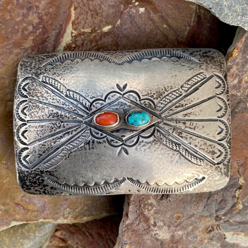 Old Navajo Sterling Silver Belt Buckle Turquoise Coral