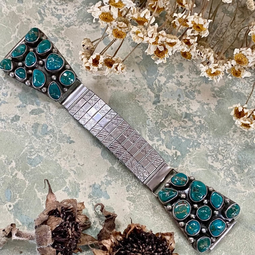 Old Navajo Sterling Silver Cluster Turquoise Watch Band Accessories