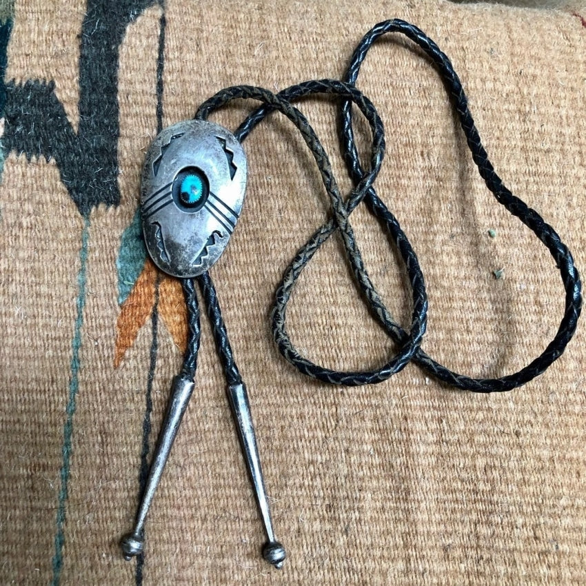 Old Navajo Sterling Silver Turquoise Shadowbox Bolo Tie Yourgreatfinds