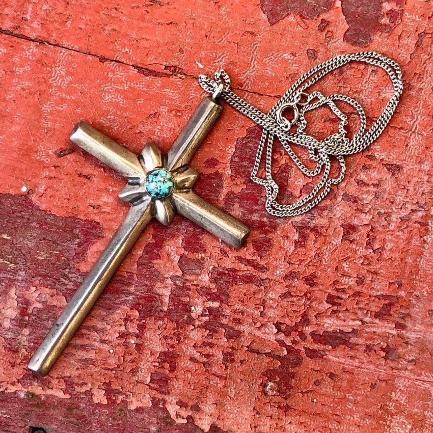 Old Navajo Tufa Stone Cast Sterling Silver Turquoise Cross Necklace Yourgreatfinds