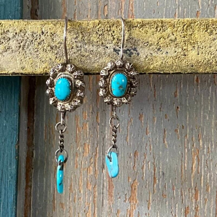 Old Navajo Turquoise Fluted Button Earrings in Sterling Silver Yourgreatfinds