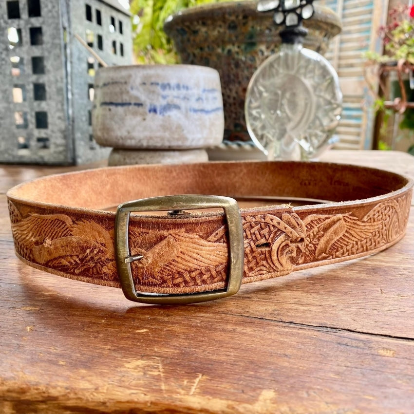 Old Time Worn Brown Leather Belt with Eagles Yourgreatfinds