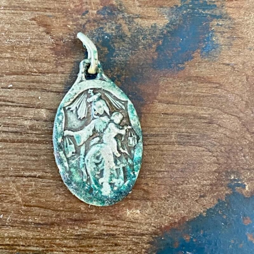 Old Time Worn Catholic Devotional Metal with Verdigris Yourgreatfinds