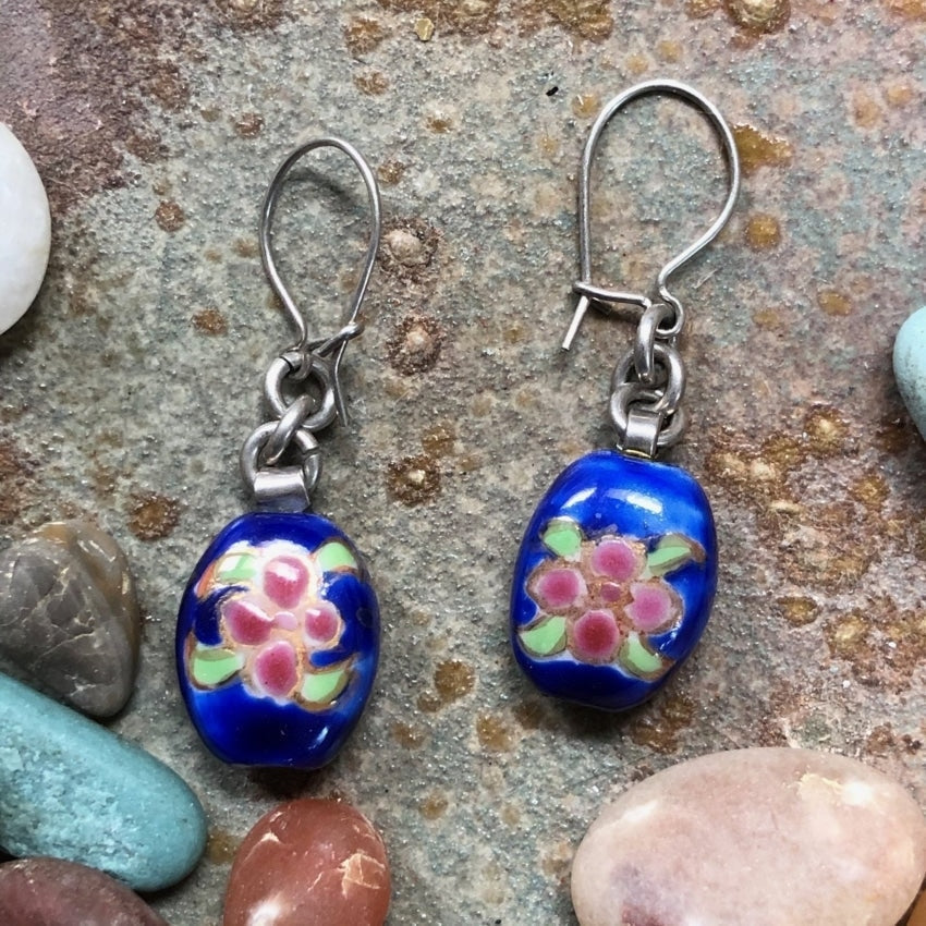 Pierced Earrings Chinese Export Indigo Cloisonné Sterling Silver Yourgreatfinds