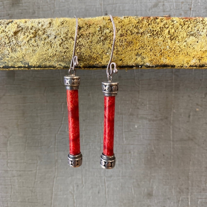 Red Sponge Coral Stick Earrings in Sterling Silver Yourgreatfinds
