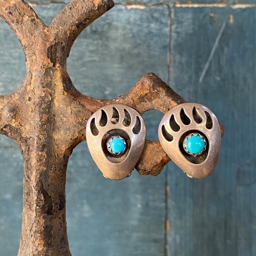 Small Navajo Bear Track Shadowbox Earrings with Turquoise Sterling Yourgreatfinds
