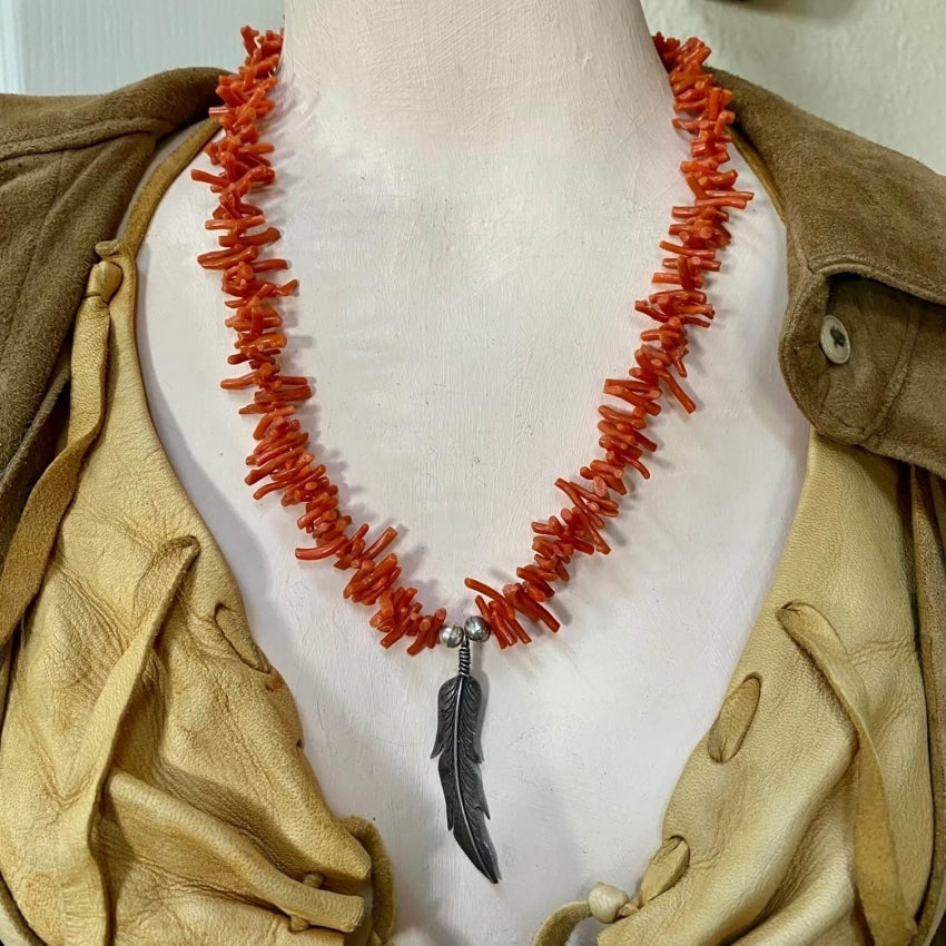 Southwestern One Feather Necklace Red C0ral Sterling Silver - Yourgreatfinds