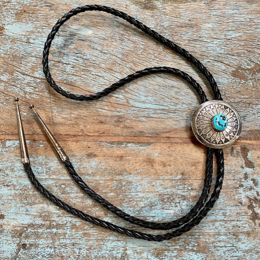 Southwestern Sterling Silver Concho Turquoise Bolo Tie