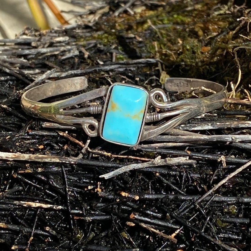 Southwestern Sterling Silver Cuff Bracelet with Rectangular Turquoise Stone Yourgreatfinds