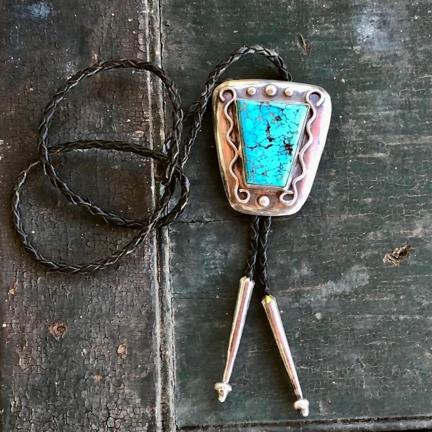 Spider Web Turquoise Navajo Leather Bolo Tie Sterling Yourgreatfinds