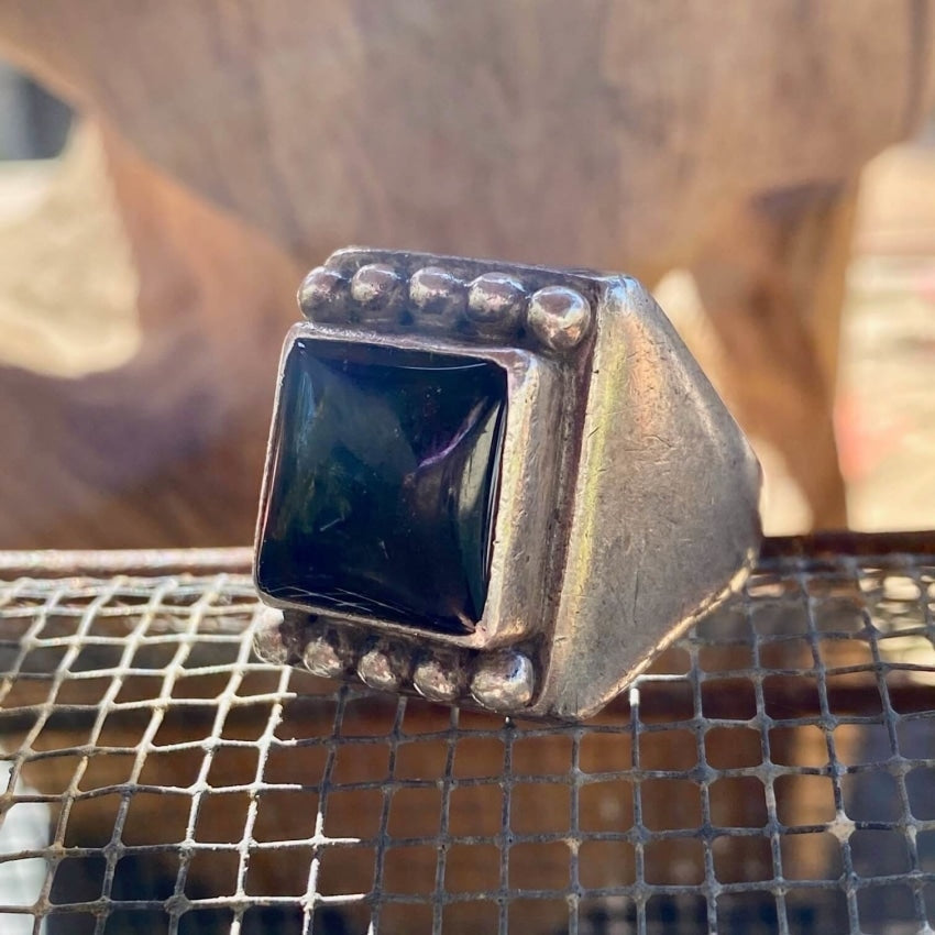 Square Raindrop Ring with Black Onyx and Sterling Silver by Guy Hoskie Navajo Size 13 Yourgreatfinds