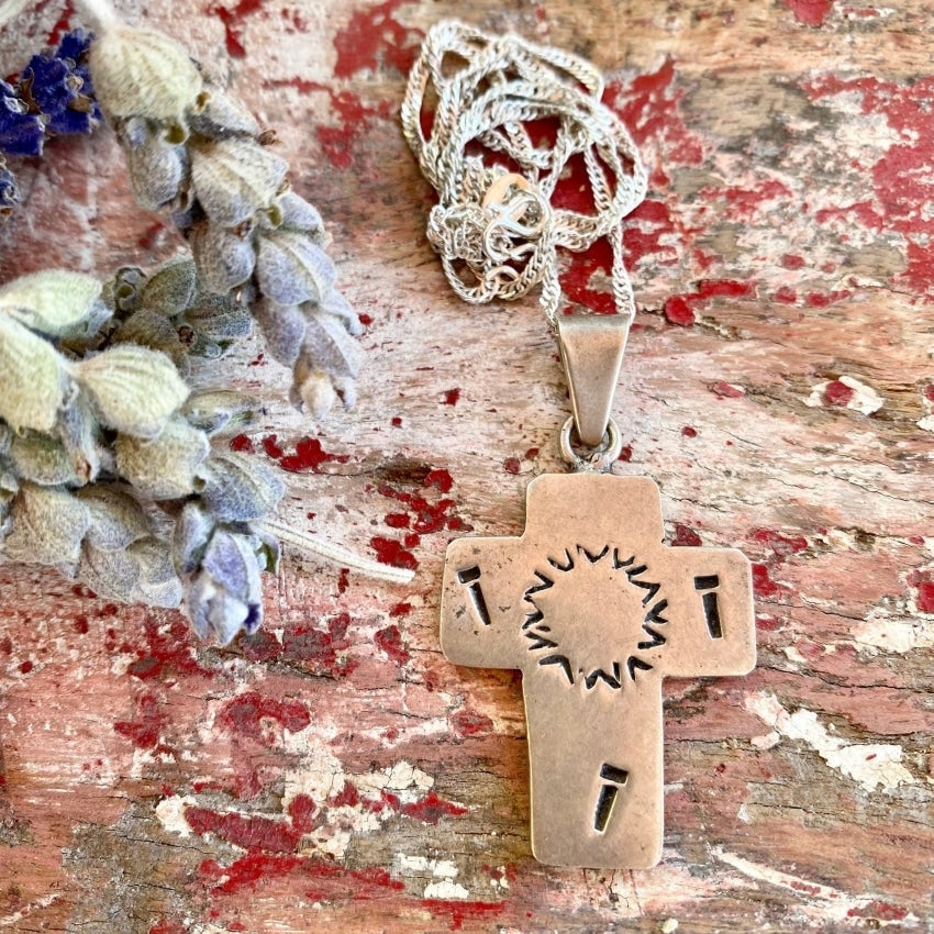 Stamp Decorated Solid Sterling Silver Holy Cross Necklace Mexico Yourgreatfinds