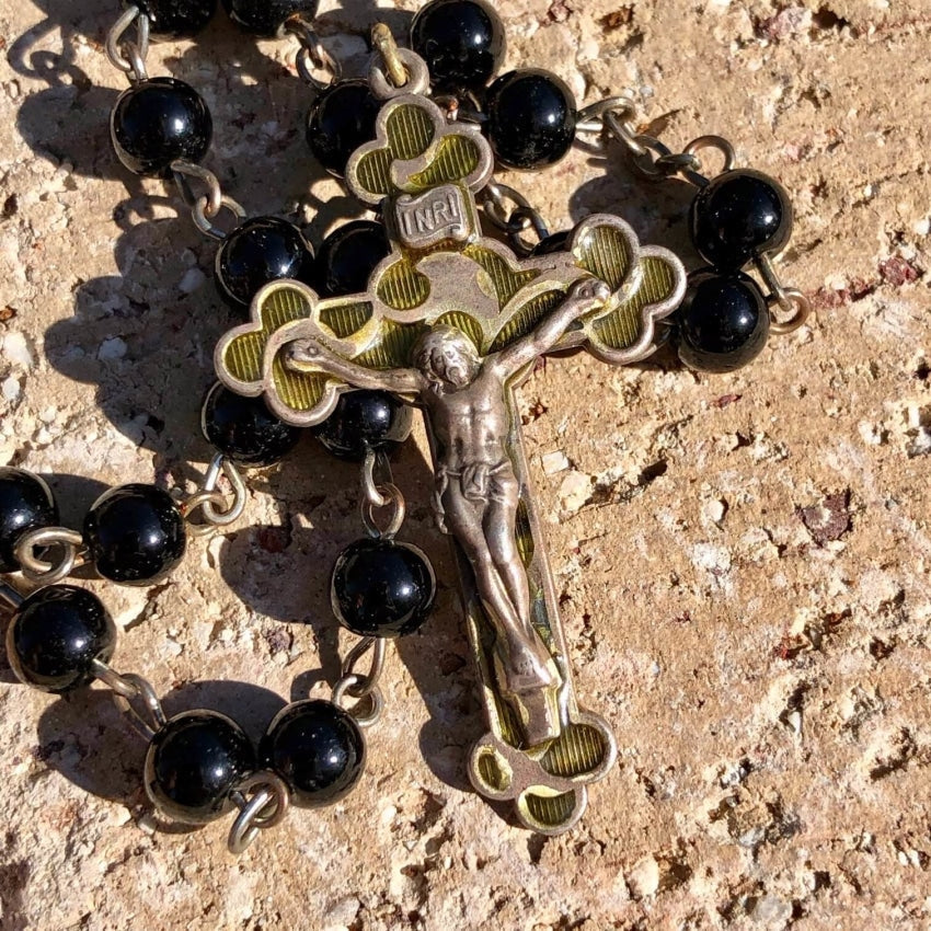 Sterling Silver Black Glass Bead Rosary Vintage Yourgreatfinds