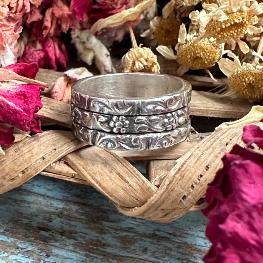 Sterling Silver Floral Wide Band Spinner Ring 5