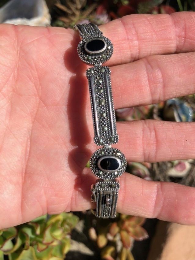 Sterling Silver Panel Bracelet with Marcasite and Black Enamel Yourgreatfinds