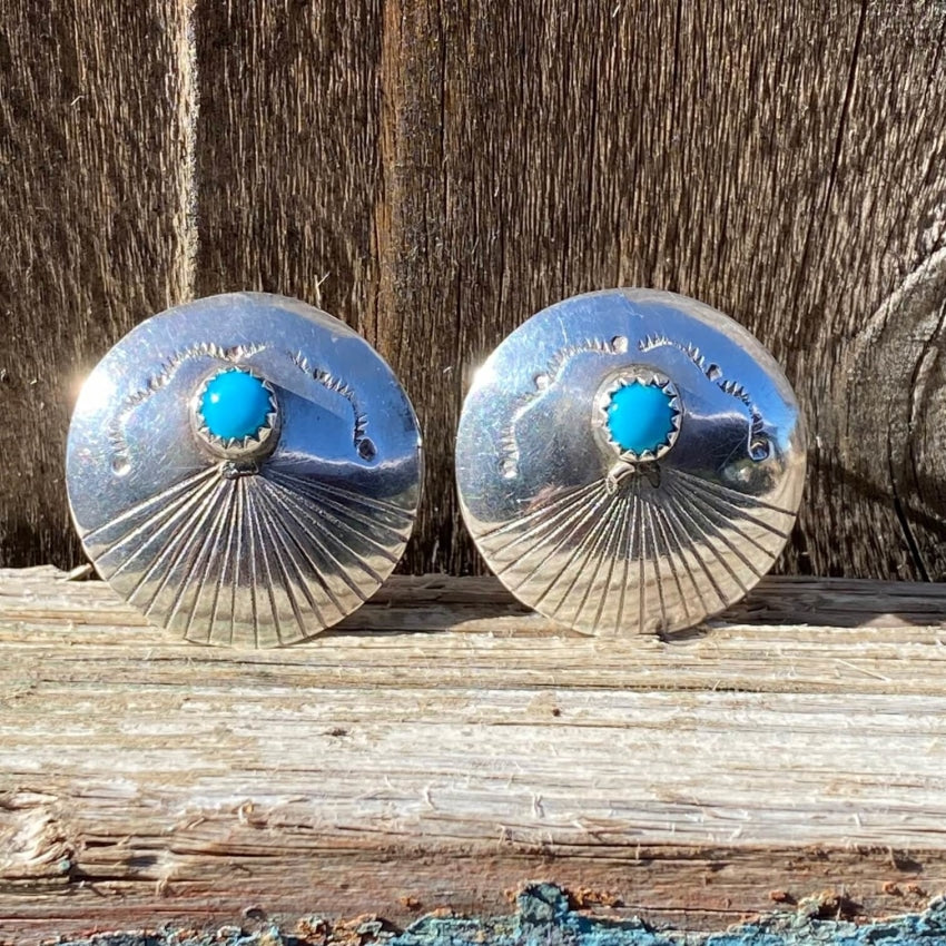 Sterling Silver Stamp Decorated Turquoise Earrings Navajo