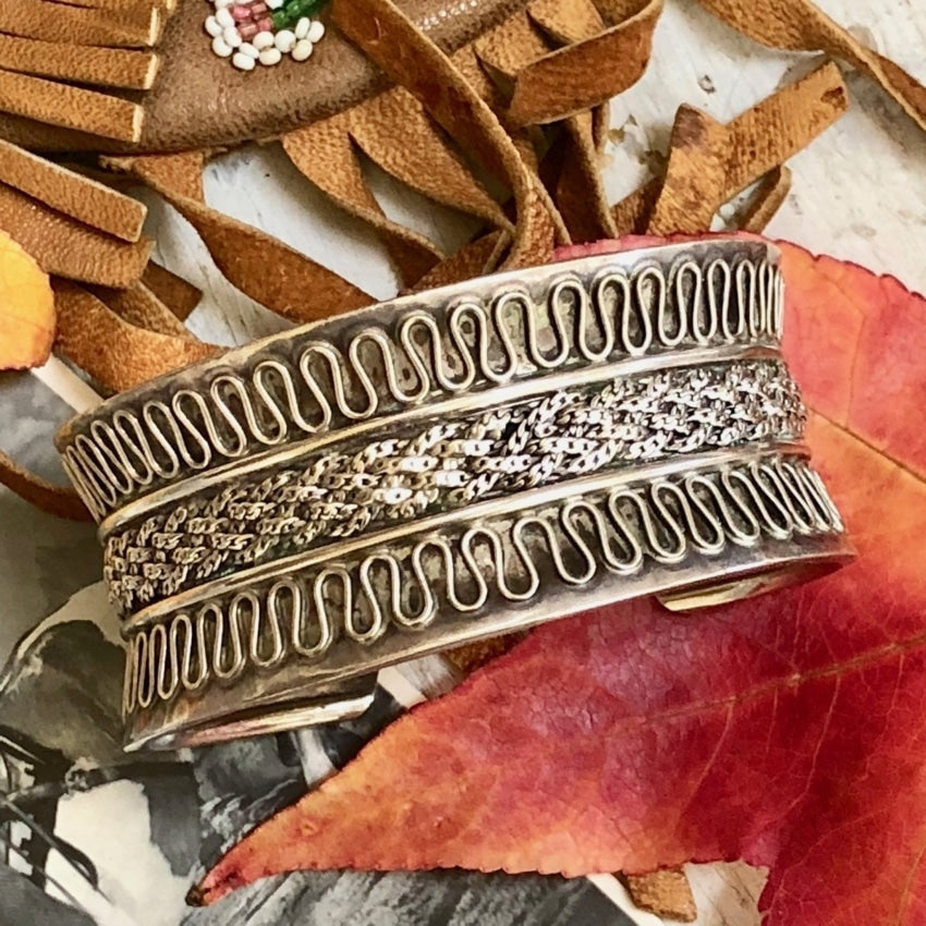 Sterling Silver Wide cuff Bracelet with Woven Appliqué Yourgreatfinds