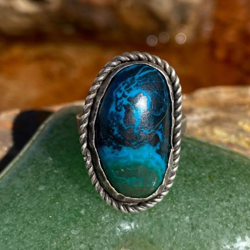 Stunning Chrysocolla in Black Blue and Green in Sterling Silver Size 7 Yourgreatfinds