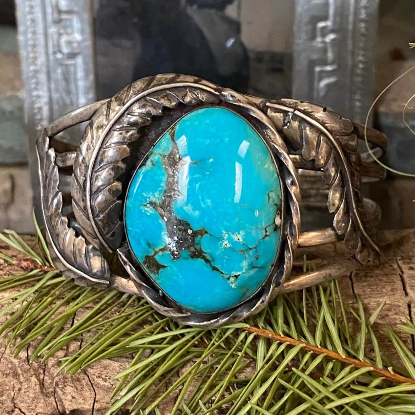 Three Feather Turquoise Sterling Silver Cuff Bracelet