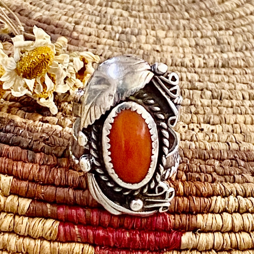 Time Worn Navajo One Feather Red Coral Ring Size 6.5