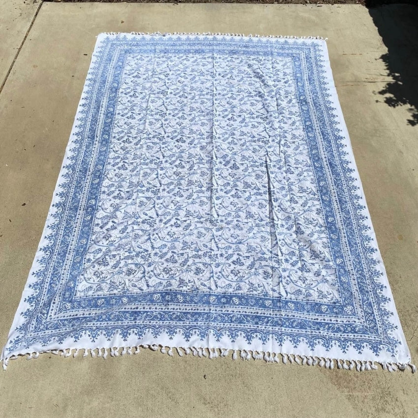 Vintage 1960s Indian Block Print Tapestry Tablecloth Cotton Blue White Yourgreatfinds